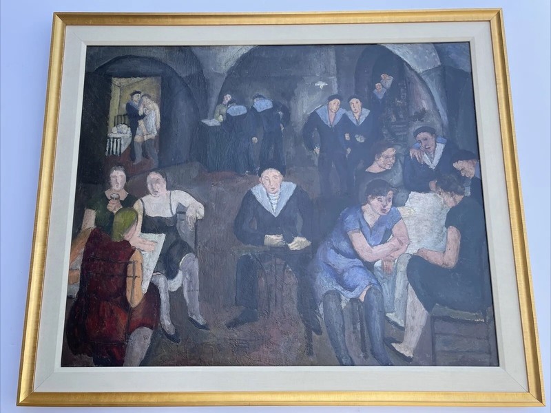 ANTIQUE BAR PAINTING FRENCH PORTRAIT CLUB SOCIAL 1920’S LARGE OIL WPA STYLE RARE