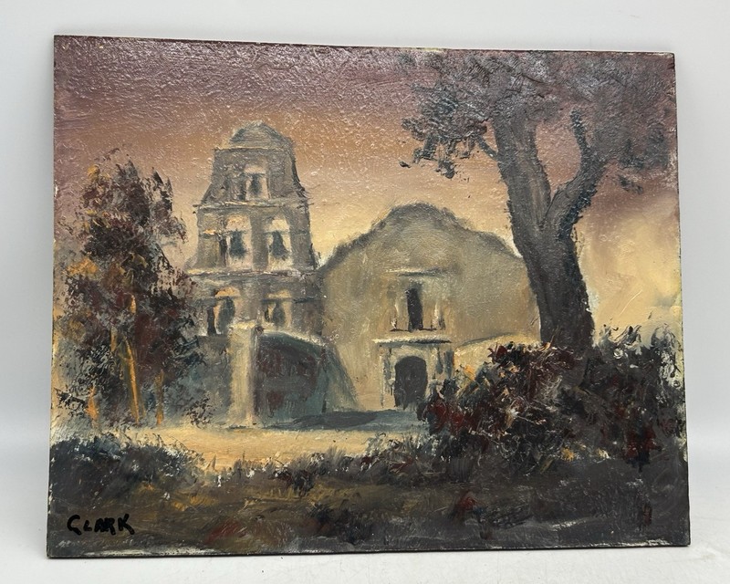 Vintage Oil Painting Mission San Diego De Alcala, Signed Clark, Mid Century