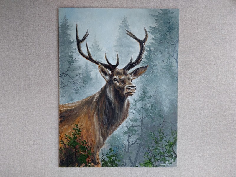 Noble Deer Oil Painting. A majestic Red Deer in a misty coniferous forest Art