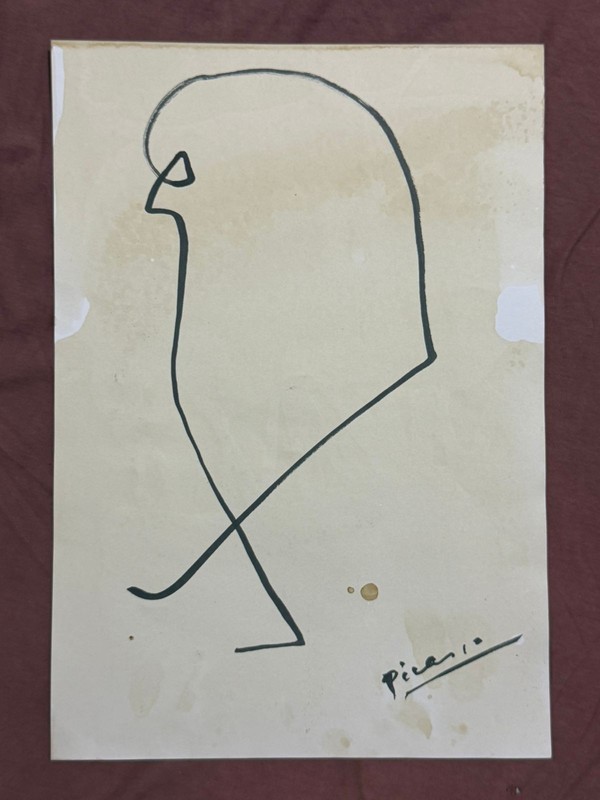 PICASSO drawing and painting on old paper signed stamped vintage