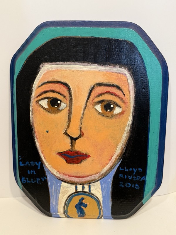 Taos Artist Lloyd Rivera Folk Art On Board Retablo His “Lady In Blue” Series
