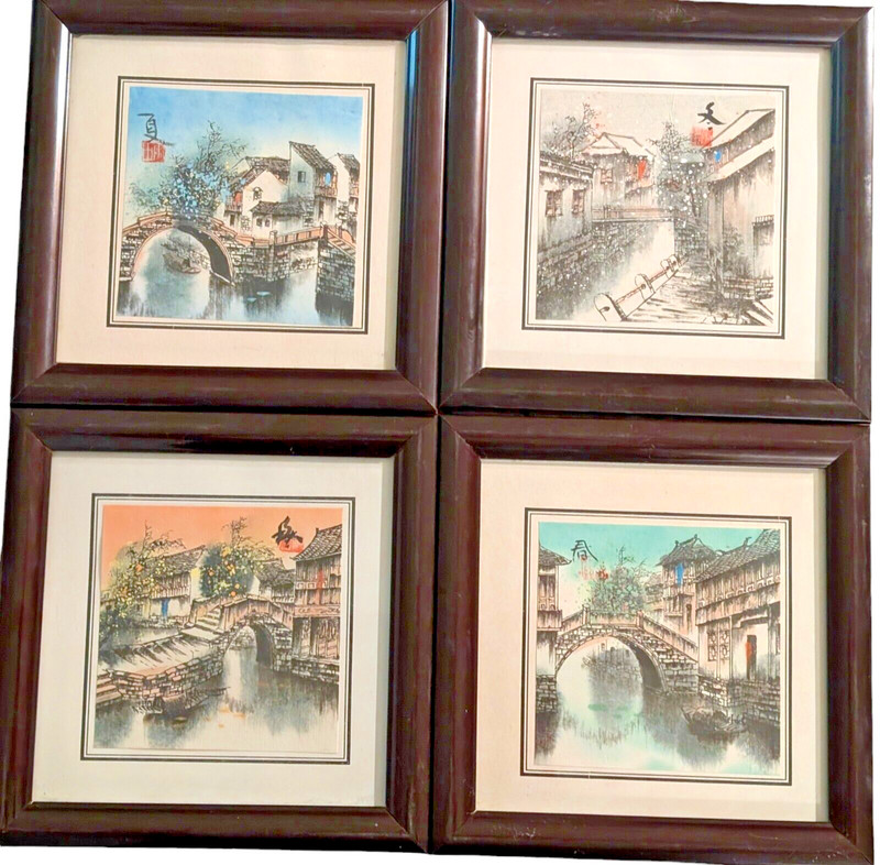 Four Mid Century Japanese original watercolor paintings depicting 4 seasons 7×7