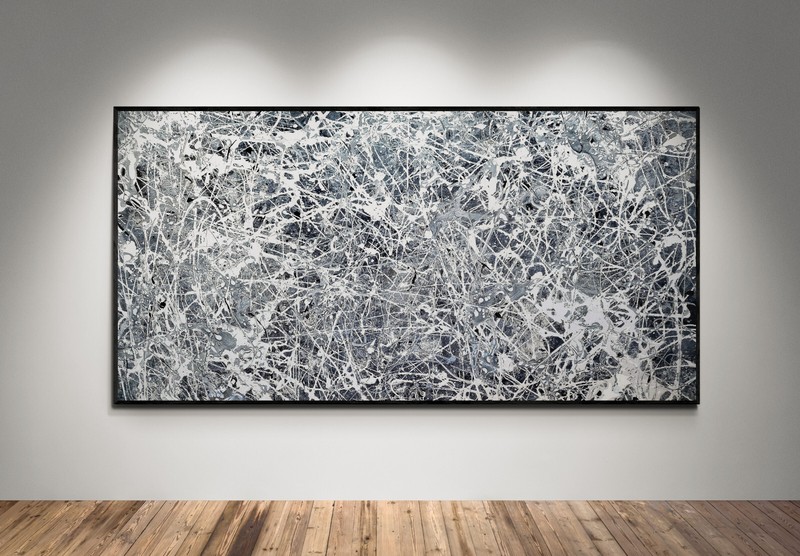 XXL Jackson Pollock Style Black & White Abstract Art Textured Painting 78×39 in