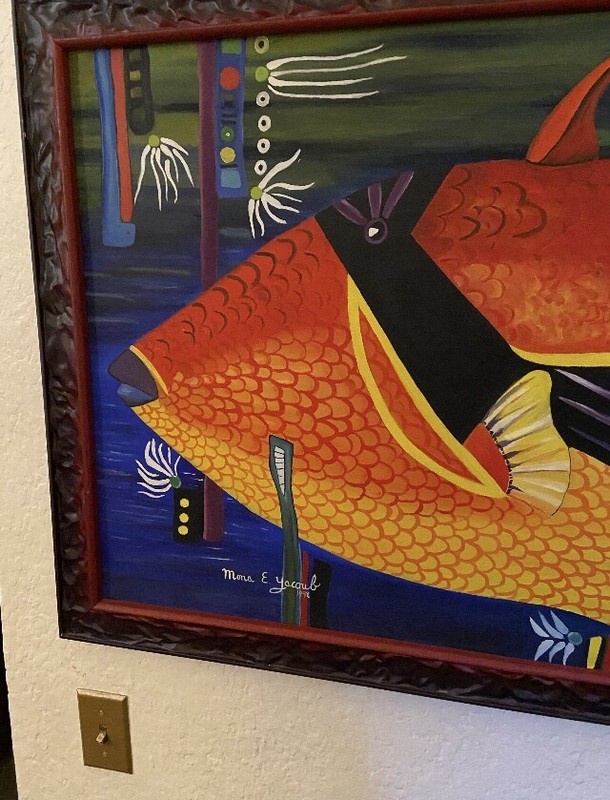 Tropical Fish Oil Painting Bandit Tiki Warrior Carnival Signed Yacoub'98 Vintage gallery