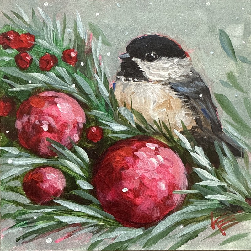 Chickadee Bird Festive decor Original Painting On Wood Canvas 6 X 6 Inches gallery