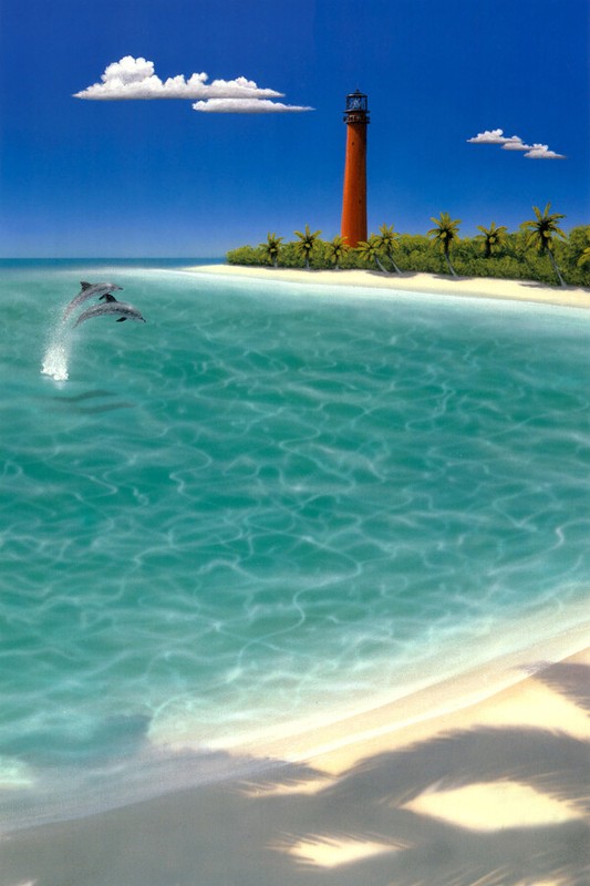 Beach and island lighthouse Oil painting Giclee Art Printed on canvas L2476
