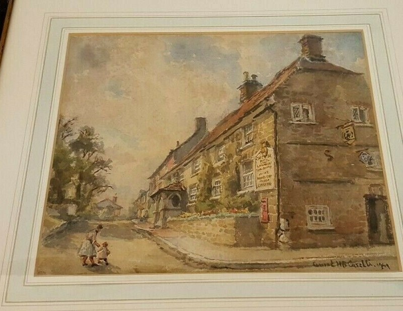 Conrad HR Caselli Vtg 40s street scene watercolor painting framed signed 9×11″