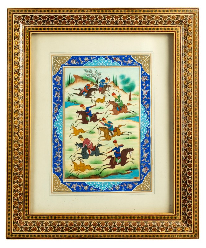 Vintage Traditional Persian Hunting Miniature Scene With Elaborate Border Frame