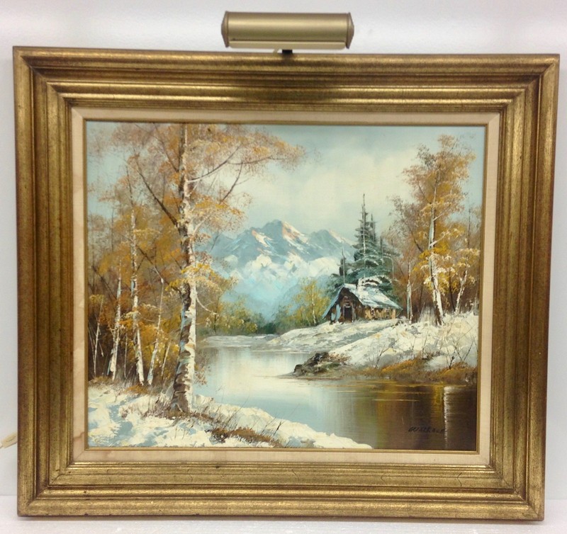 Vintage 20×24″ Winter Scene Canvas Art Painting Signed Wallace w/ Night Light