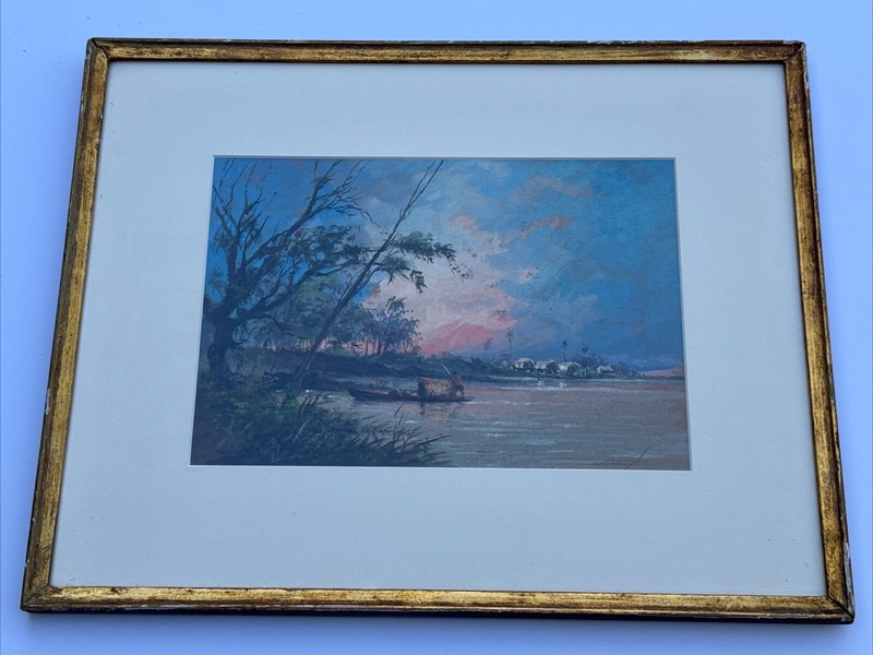 REINALDO MANZKE DRAWING ANTIQUE SUNSET BRAZIL LISTED BEACH LANDSCAPE COASTAL