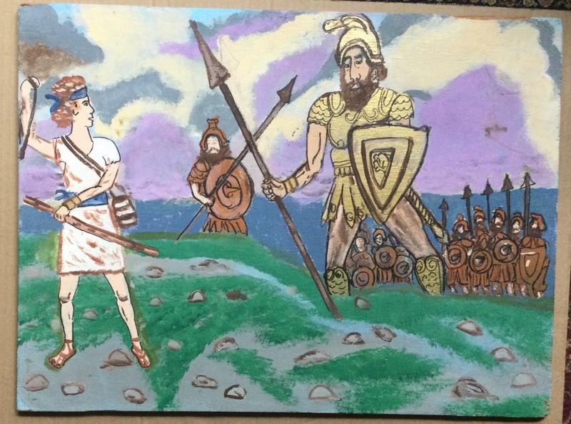 David and Goliath primitive – Folk art – outsider art painting signed Charley