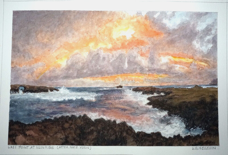 Hawaii Watercolor Painting Laie Point at Sunrise by Larry Segedin #187