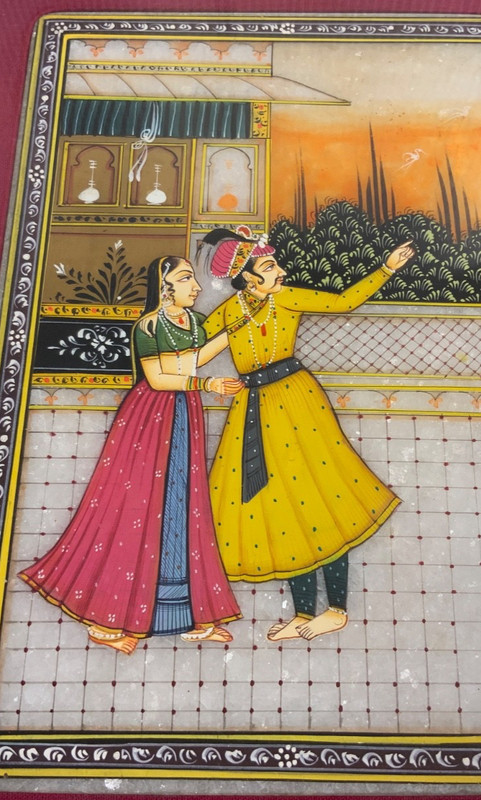 Antique Mughal Persian Tile Marble Painting Emperor & Queen Love Scene 7.5x 5.5” gallery