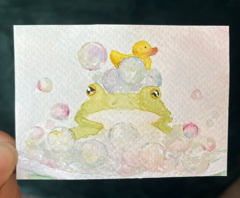 ACEO PRINT bubble bath Frog & rubber ducky friend Watercolor Painting 3.5×2.5