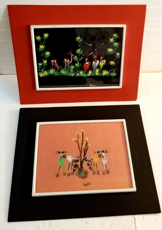 Set of 2 African Tribal Folk Art Gouache Paintings Hunters Framed and Signed