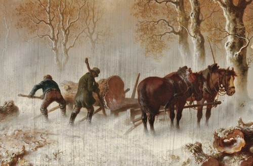 stunning oil painting handpainted on canvas-Loading the lumber cart