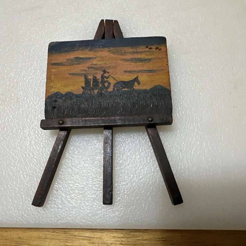 Miniature Japanese Folk Art Painting, Horse With Cart, With Easel