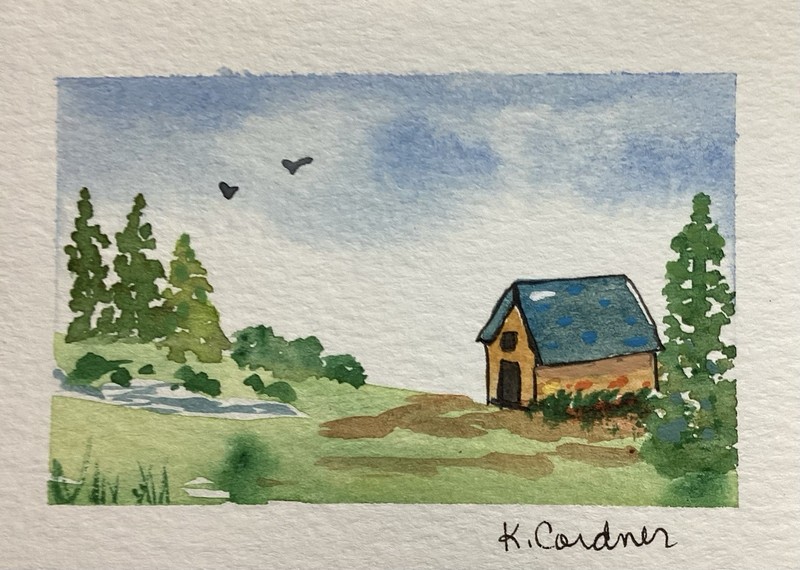 ACEO Original Painting, Blue Roof House, Landscape,nature, Kimberly Cordner