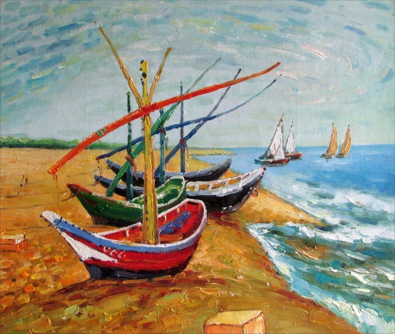 Van Gogh Fishing Boats on Beach Repro, Quality Hand Painted Oil Painting 20x24in