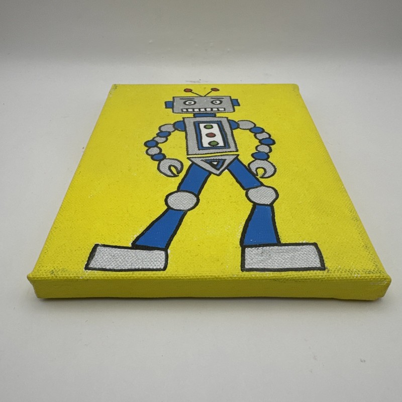 Original Art: Robot 8” X 6” Canvas Yellow Background Blue/Silver Robot gallery