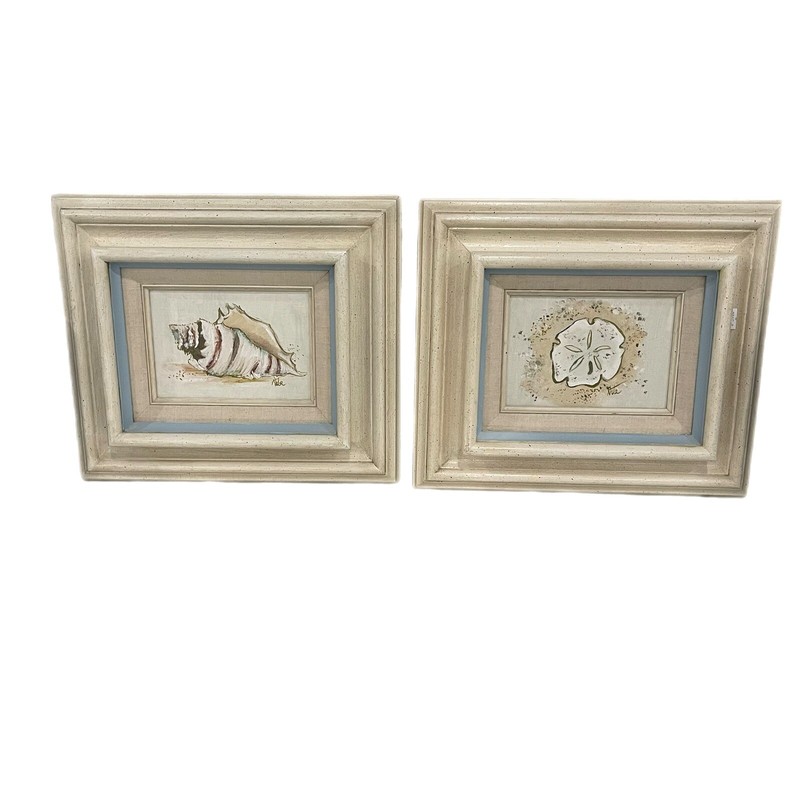 Pair VTG Chunky Framed Coastal Signed Conch Shell And Sandollar Paintings