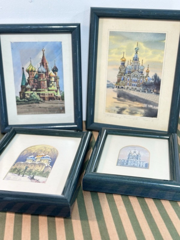 4pc Art Lot Beautiful Russian Watercolor Framed Architectural Cathedral Signed