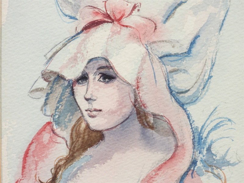 American School Lady With Fashionable Bonnet Portrait Watercolor Painting gallery