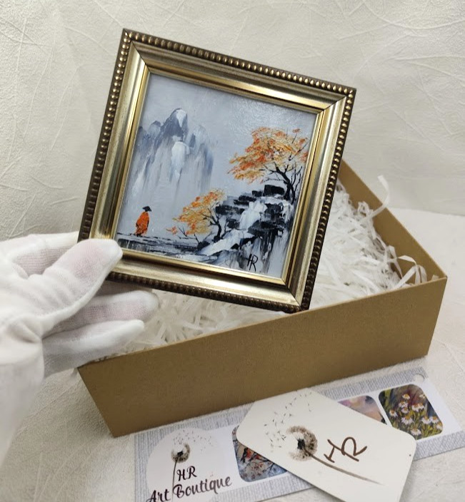 Original Oil Painting 4x4 in Framed Signed Abstract Japanese Landscape Impasto gallery