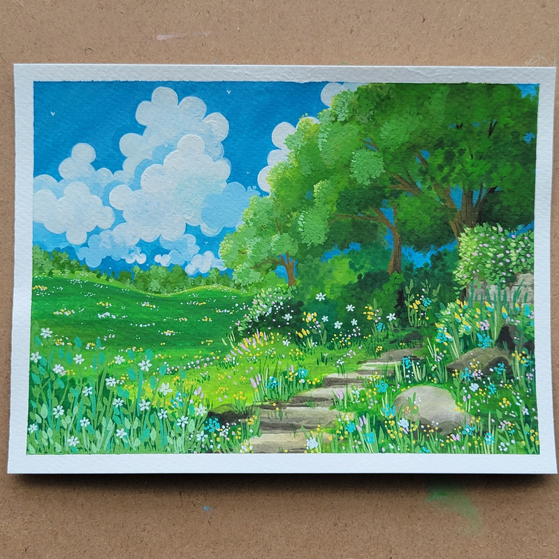 Floral Landscape Painting with Trees & Flowers, Small, Unframed, verdantsparrow