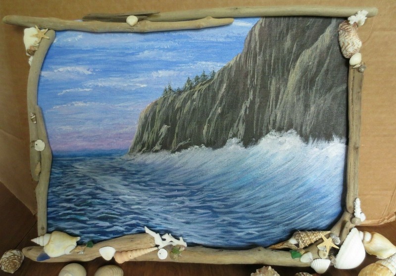 handpainted acrylic painting with driftwood frame