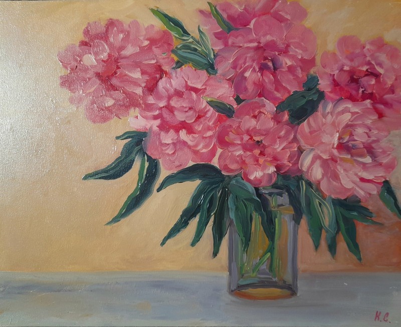 pink peonies original oil painting, peonies wall art, floral still life, flowers