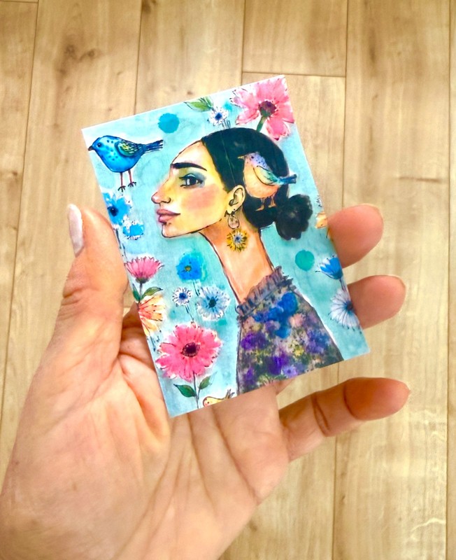 OOAK Woman & Birds ACEO Mixed Media Art Whimsical Portrait Miniature by AdriO gallery
