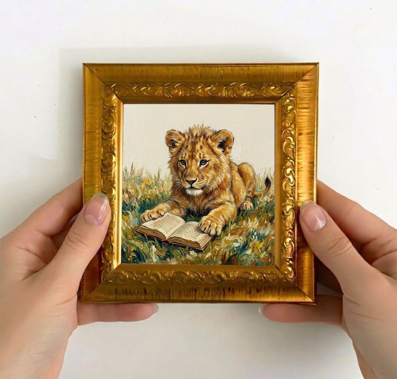 Tiger with Book Painting on Brown Gold Mini Framed Hand Painted Animal Art 4×4