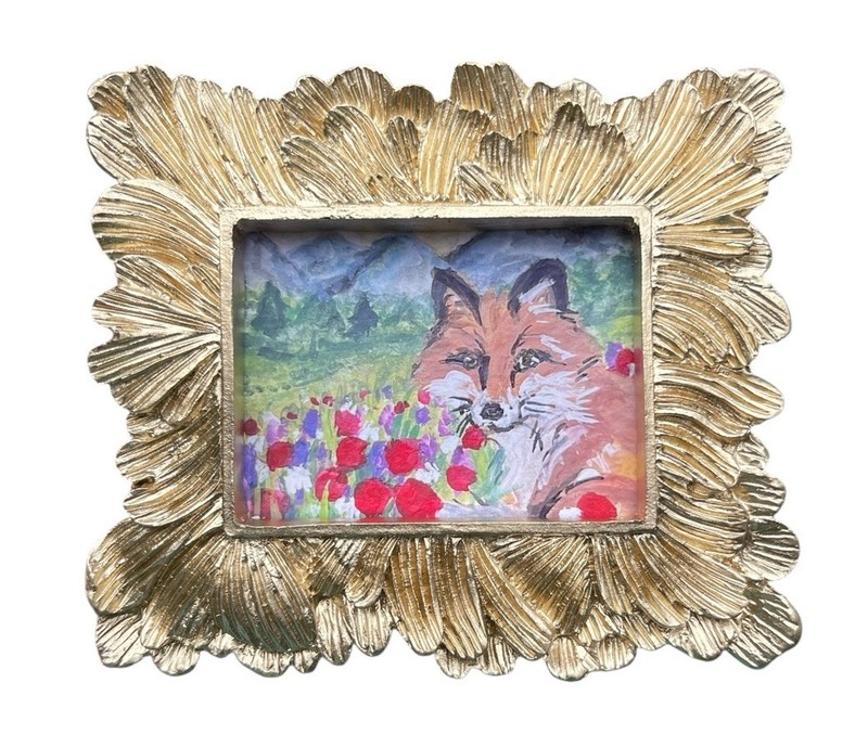 Fox in a Poppy Field Floral Landscape print in mini vintage style ornate frame