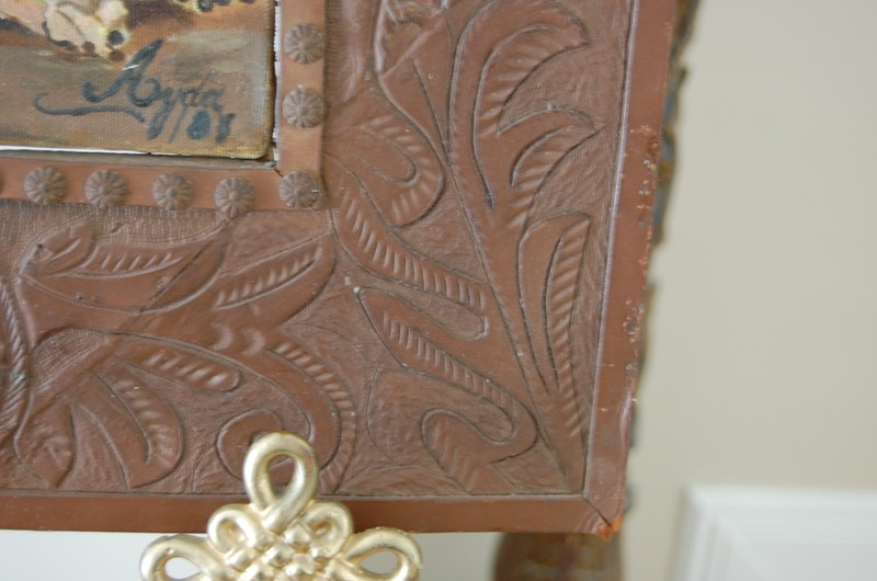 VTG ORIGINAL OIL SIGNED AYDA 67 TOOLED LEATHER FRAMED FOOD CONDIMENT STILL LIFE gallery