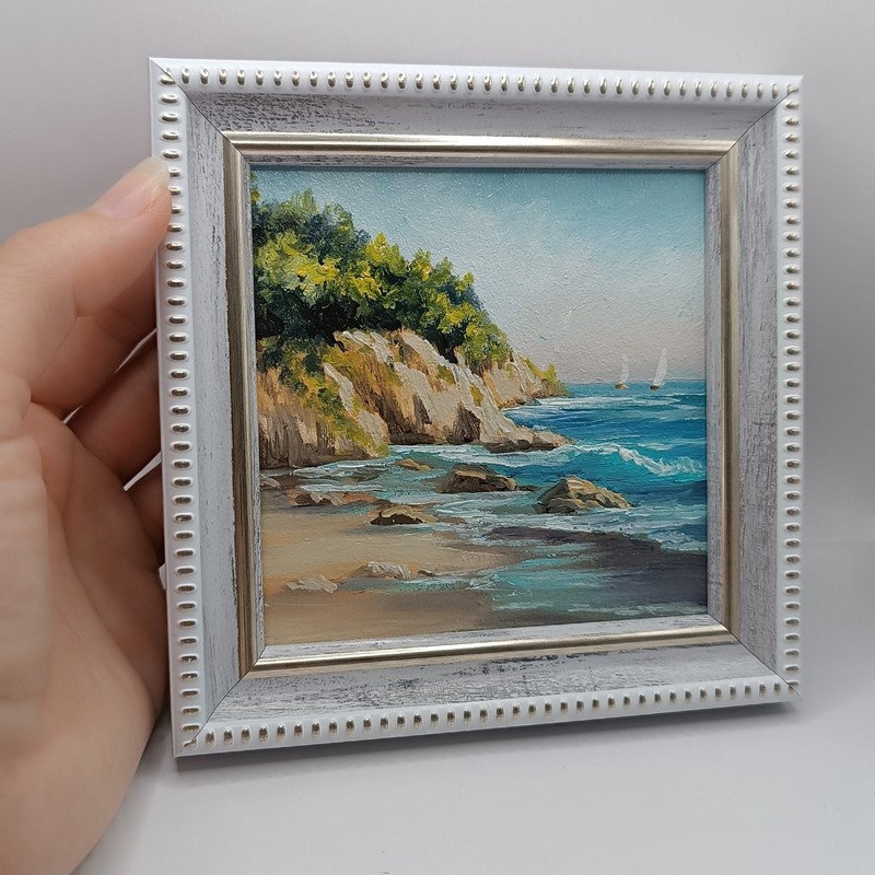 Original Miniature Seascape Oil Painting Rocky Coast Sailboats 4x4 Small Art gallery