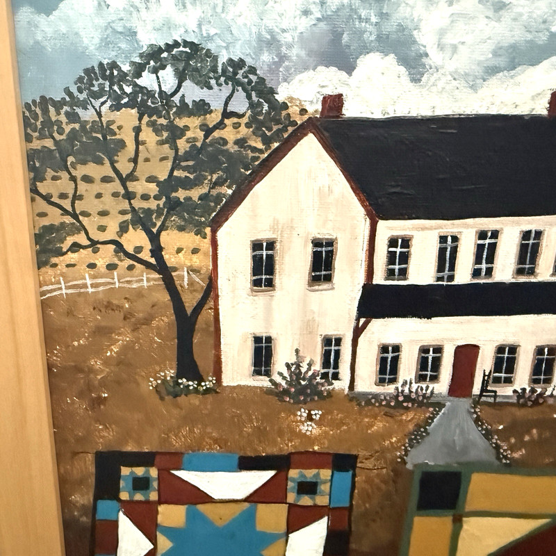 Linda M Brown Folk Art Painting Amish Quilts Vintage Large Wood Framed Signed gallery