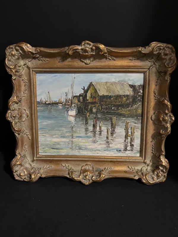 vintage mid-century original oil painting on canvas nautical harbor scene