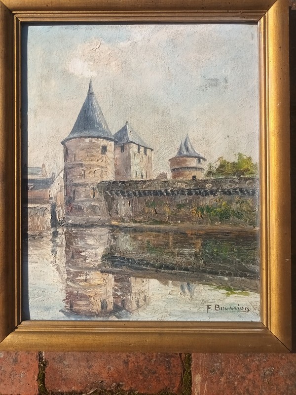 signed F Boussion French chateau oil on board 32 x 40 cm