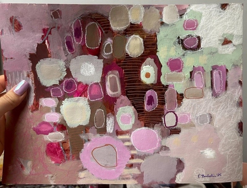 Emilia Bachelier Colorful Abstract Painting 9×12” Original on Paper