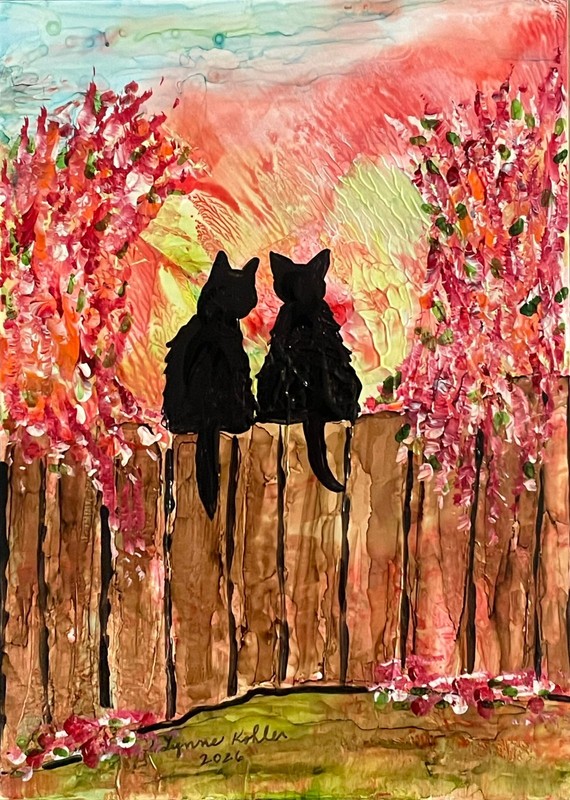 Original Painting 5×7″ black Cats fence flowers texture by Lynne Kohler