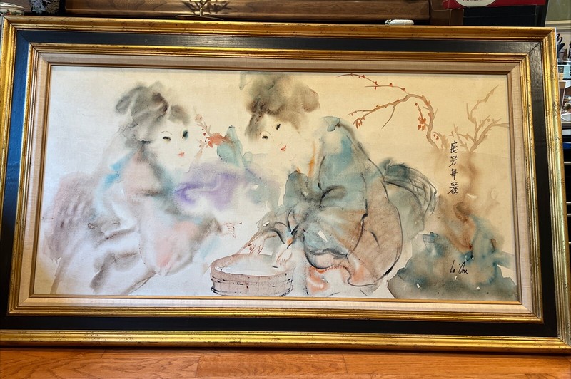 Large Vintage Painting Two Chinese Lady 57 X 33 Inch Signed La One Thai 良芳华丽