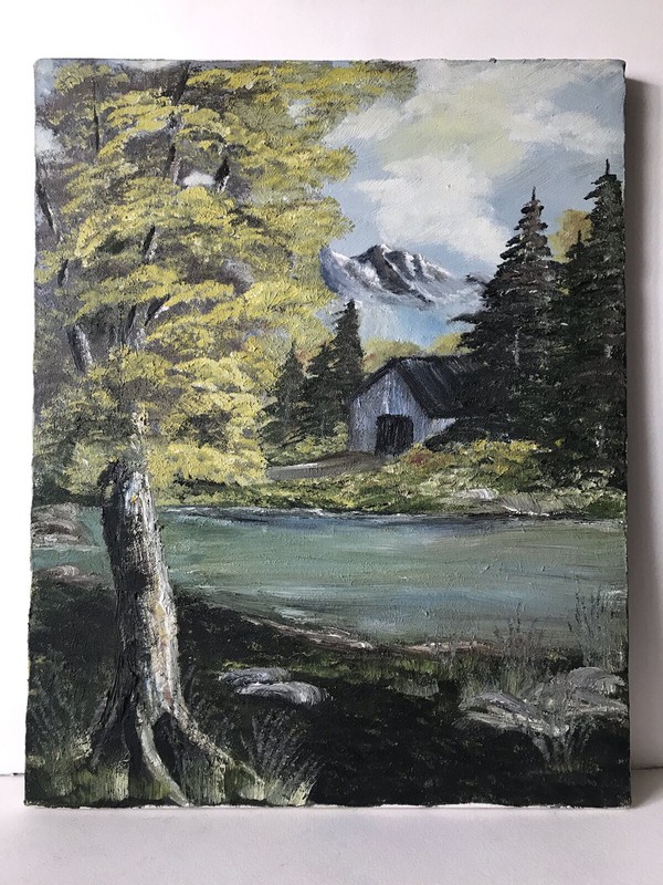 Mountain Stream Landscape Oil Painting Vintage Unsigned Canvas 16 X 20 Inches