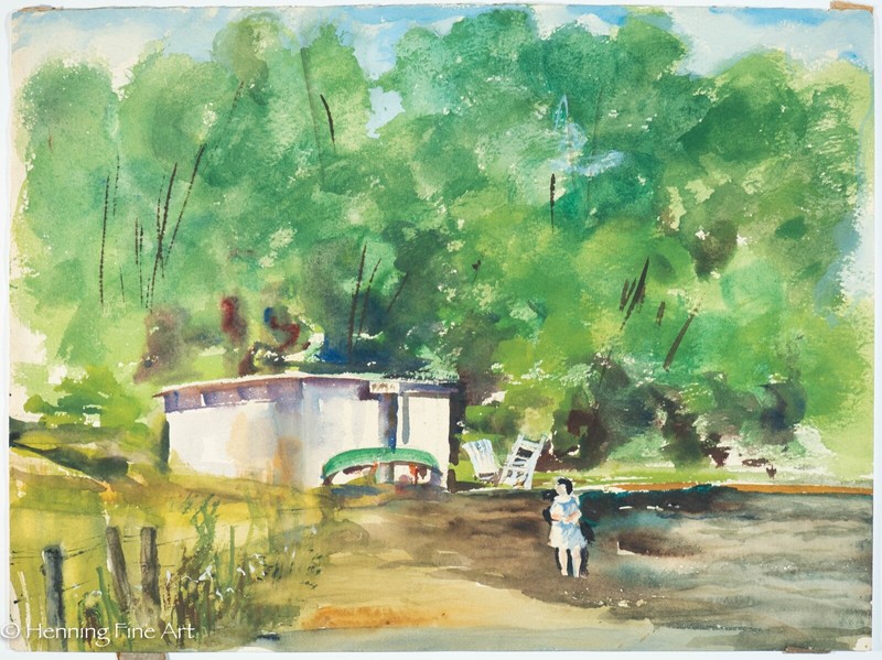 Beautiful Vintage Mildred Lusk Painting of a Boat House on a Lake w/ Couple, 33