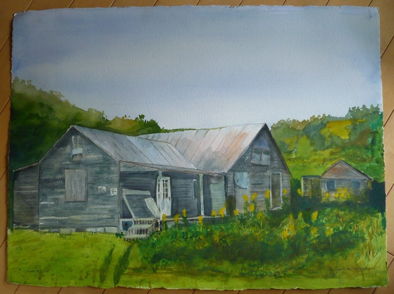 JERRY SUMMERS, VINTAGE IMPRESSIONIST WATERCOLOR BARN RURAL SCENE SIGNED
