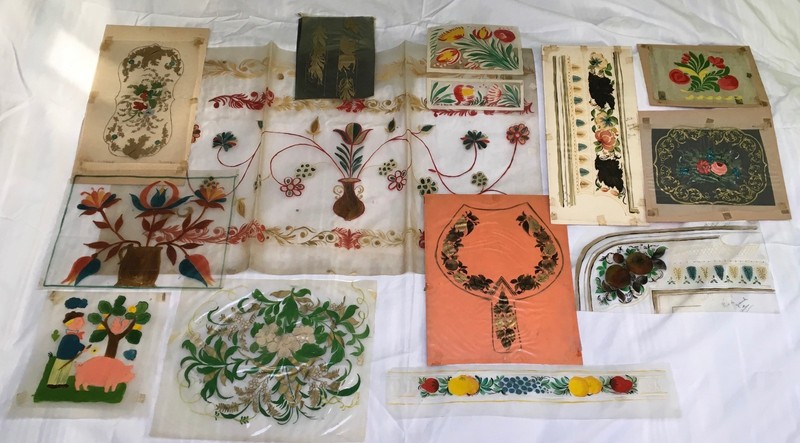 1940s TOLEWARE STYLE ACETATE PAINTINGS Trays Pennsylvania Dutch FOLK ART STENCIL