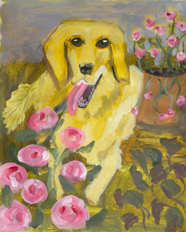 Golden Retriever Dog Painting 14×17 Original Whimsical Folk Art Floral