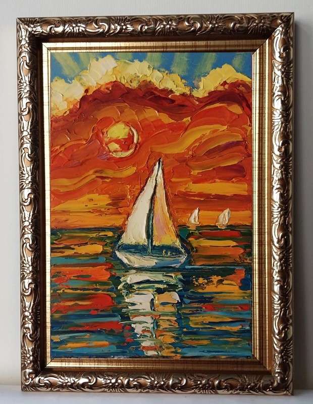 Framed Red Sunset Seascape Sailboat Art Mini Seascape 4×6” Original Oil Painting