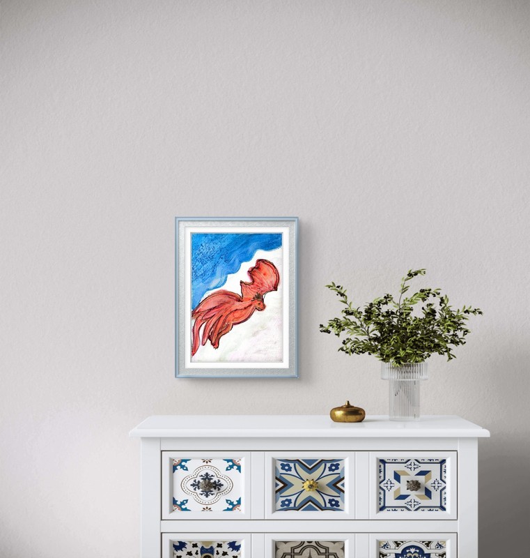 Red Winged Dragon Contemporary Expressionist Original 7x10 Watercolor Painting. gallery