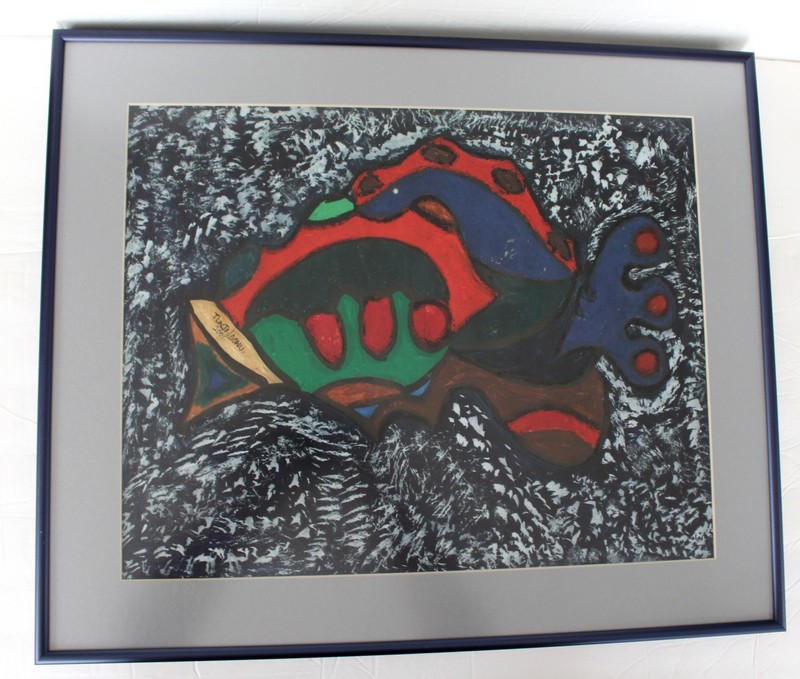 Original Painting Fish Signed Tunji Idowu Folk Art 2001 Primitive 18×21″ Framed